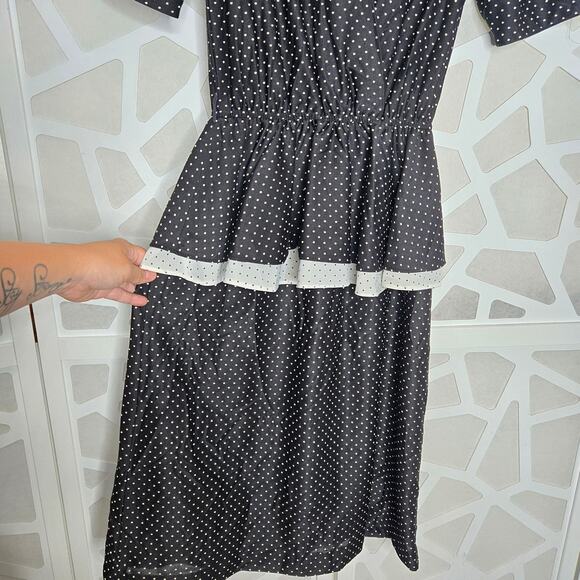 VINTAGE Womens Black/White Polka Dot Twee Peplum Midi Dress Retro Handmade 50s - Picture 2 of 5